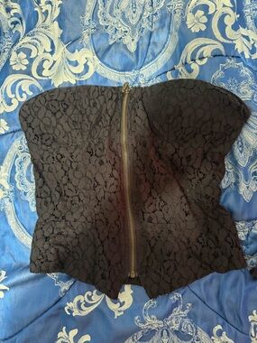 Black Lace Strapless Corset Top with Front Zip